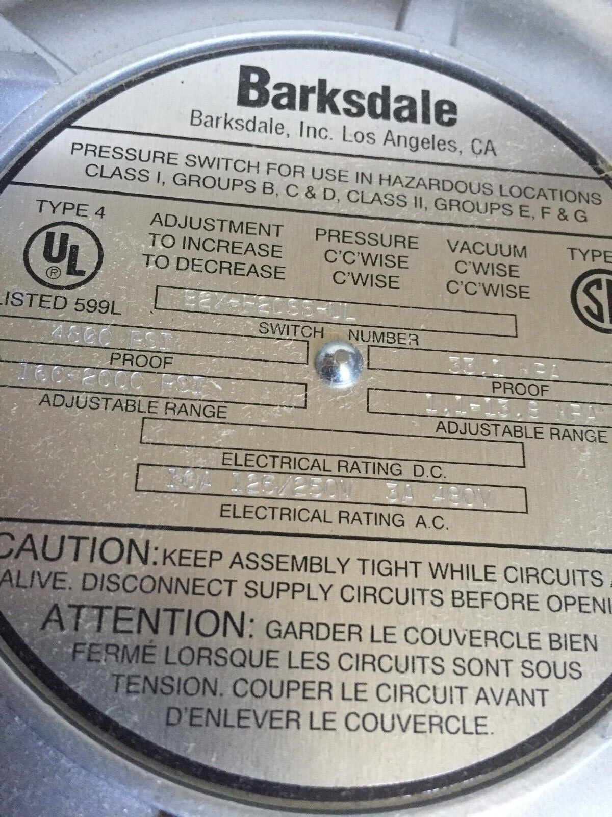 New Barksdale B2x-H20ss-Ul Bourdon Switch 4800Psi,33.1 Mpa,Bd