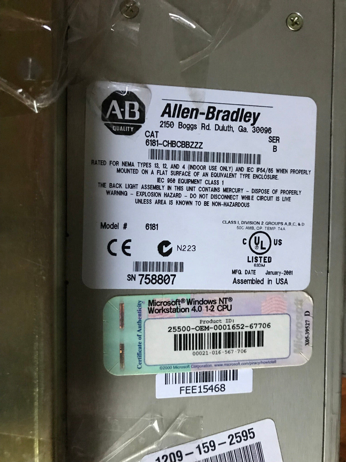 Allen-Bradley 6181-Chbcbbzzz Industrial Flat Panel Computer. 120Vac,Tf