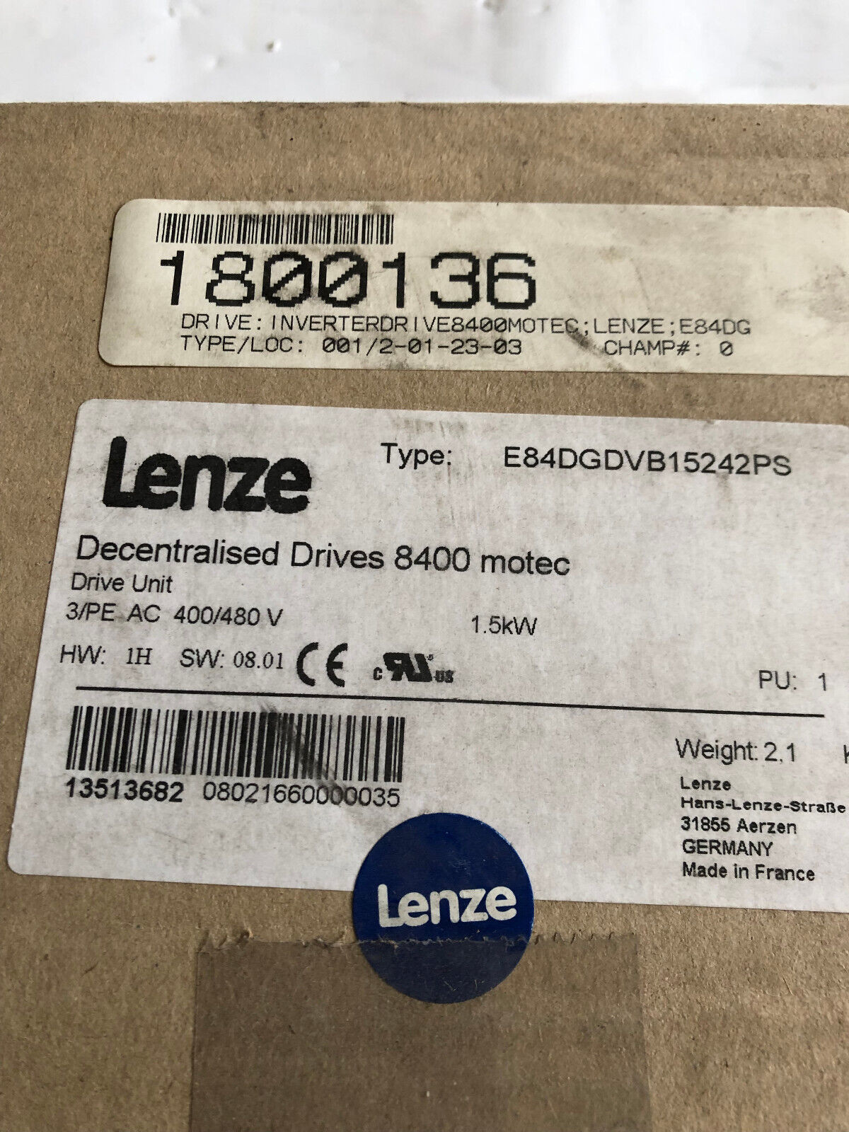 New Lenze E84dgdvb1524ps Inverter Drive Unit. 1.5Kw 3/Pe Ac 400/480V,3.8/3.1A,Ac