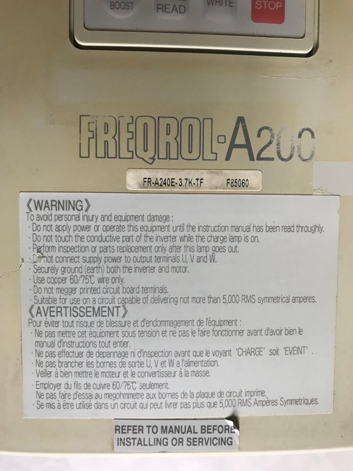 Mitsubish Fr-A240e-3.7K-Tf,Freqrol-A200,460V 5Hp Inverter Ac Drive 400V Class,Aj