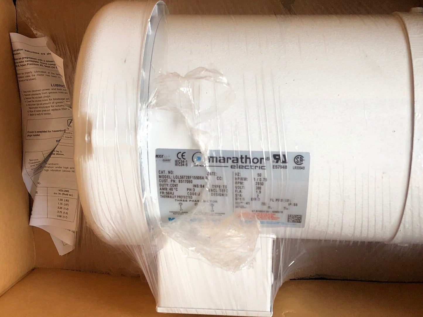 Marathon Electric 8517090 Three Phase Motor,1Hp,Marathon Lql56t28f15506a B,Av
