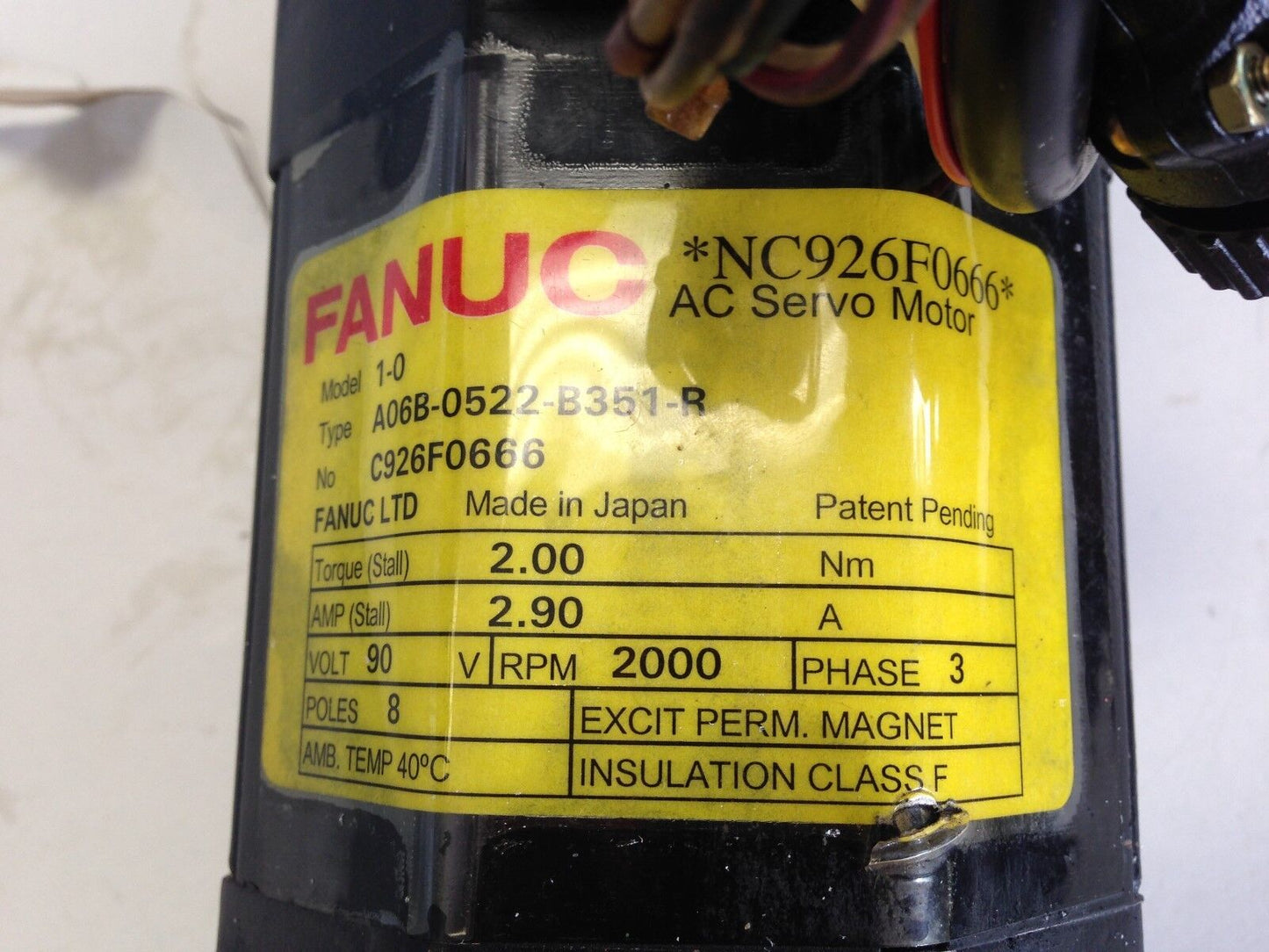 Fanuc A06b-0522-B351-R Ac Servo Motor,  90 Vdc, 2000 Rpm,3Ph,Fanuc 1-0,1-O, Bk