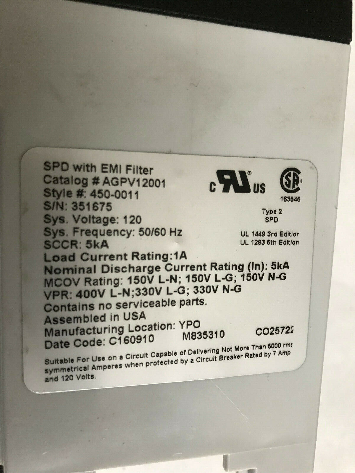 Cutler Hammer Agpv12001,450-0011,Eaton Aegis Premium Filter Spd, Emi Filter,Sm