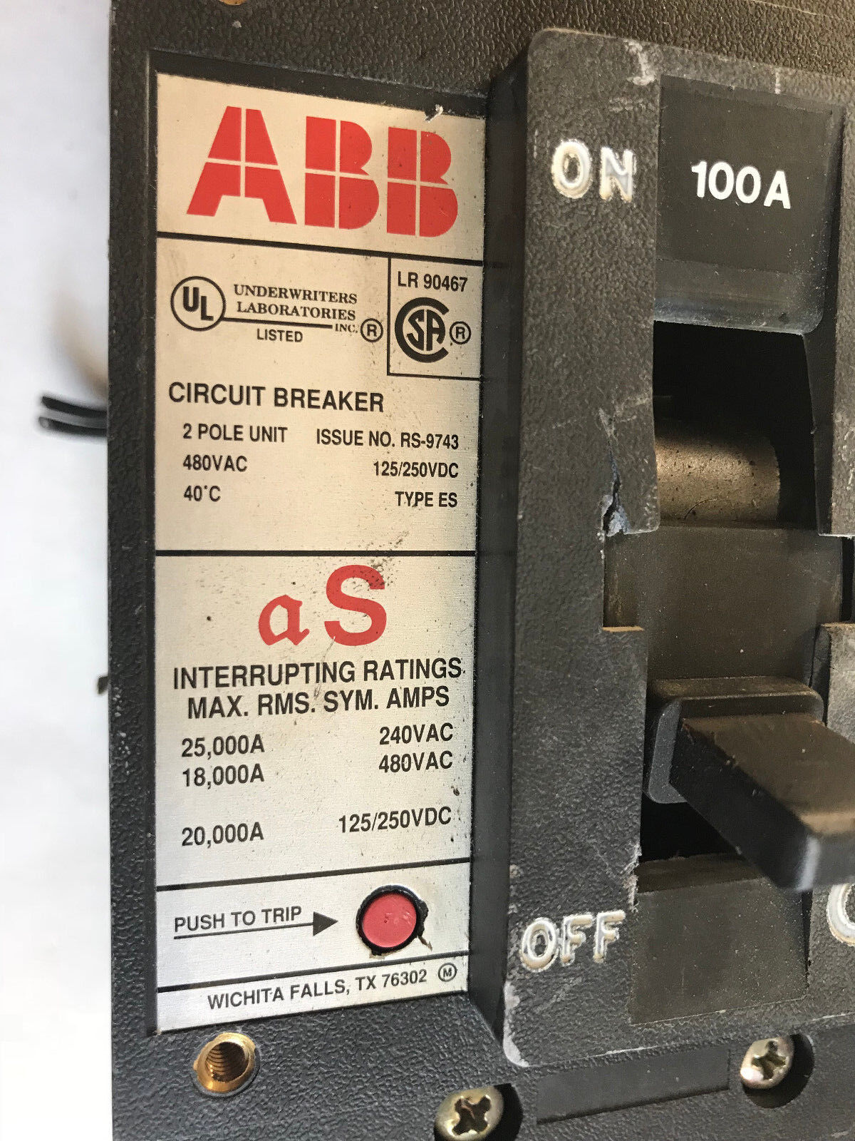 Abb Cu7al 75C,Abb Es,Rs-9743,2Pole Circuit Breaker 100A,Te2060,Te3060,Te2150,Sa