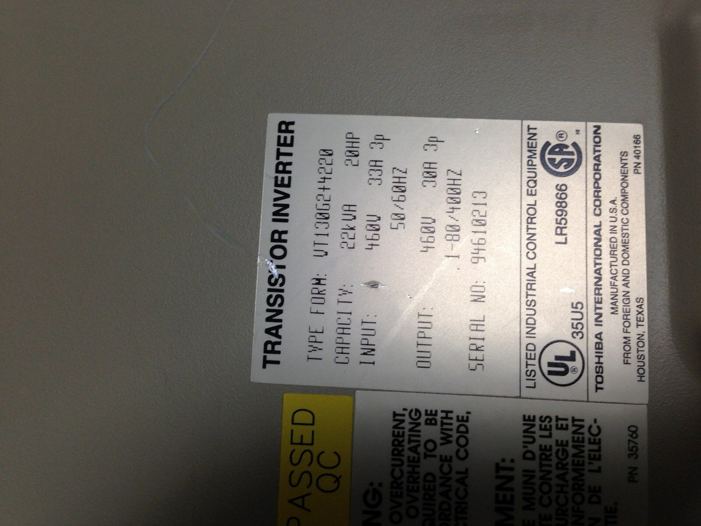 Vt130g2+4220 Toshiba 20Hp 460V 3Ph Tosvert-130G2+Transistor Inverter Ac Drive,Te
