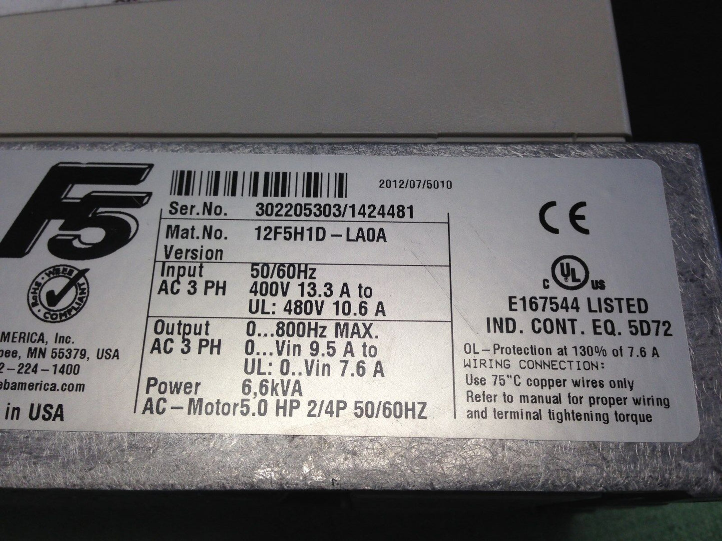 New 5Hp Keb Combivert Ac Drive 12F5h1d-Laoa  F5 12F5h1d-La0a 6.6 Kva,Ag