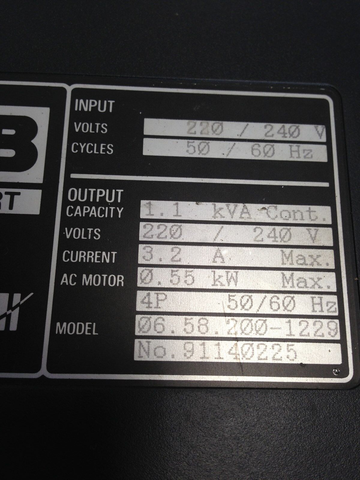Keb Combivert Inverter/Drive 91140225, 5-Phase,220/240V,0.55Kw,06.58.200-1229,Tk