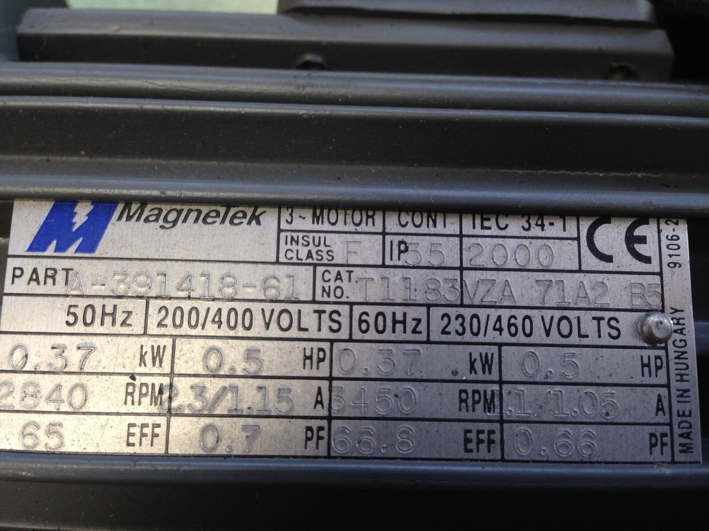 Magnetek A-391418-61 Ac Motor,T11 83 Vza 71A2 B5 3 Phase, .5 Hp,200-460 Vac,Dh