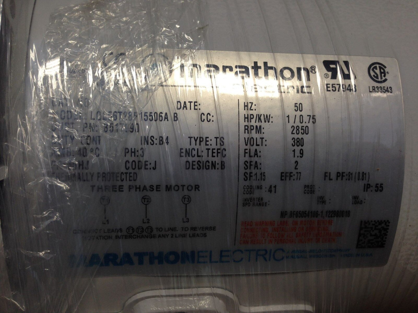 Marathon Electric 8517090 Three Phase Motor,1Hp,Marathon Lql56t28f15506a B,Av