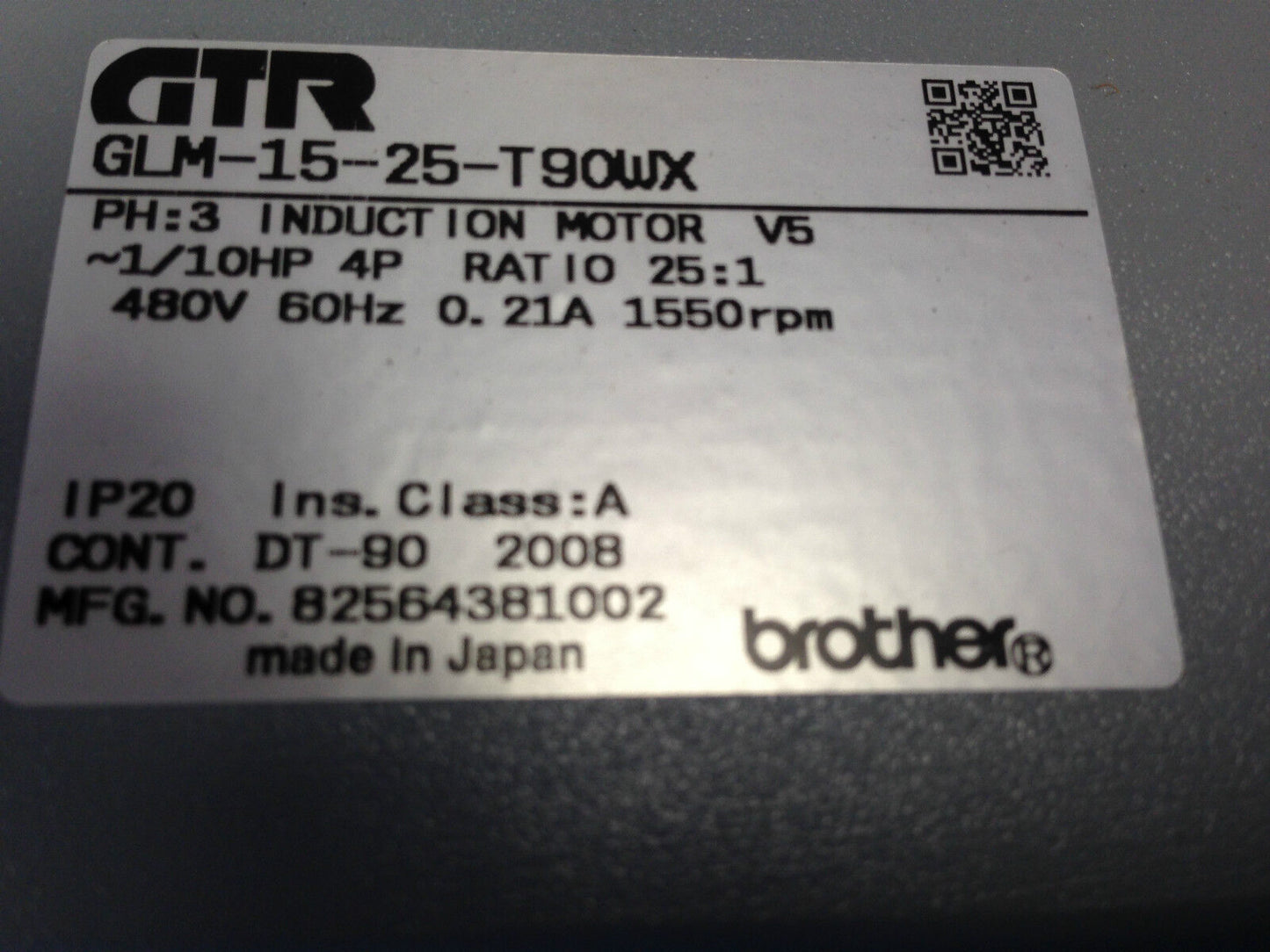 Brother Gtr Glm-15-25-T90wx Induction Gear Motor,1/10Hp,3-Ph,Ratio 25:1,Ha,Ae