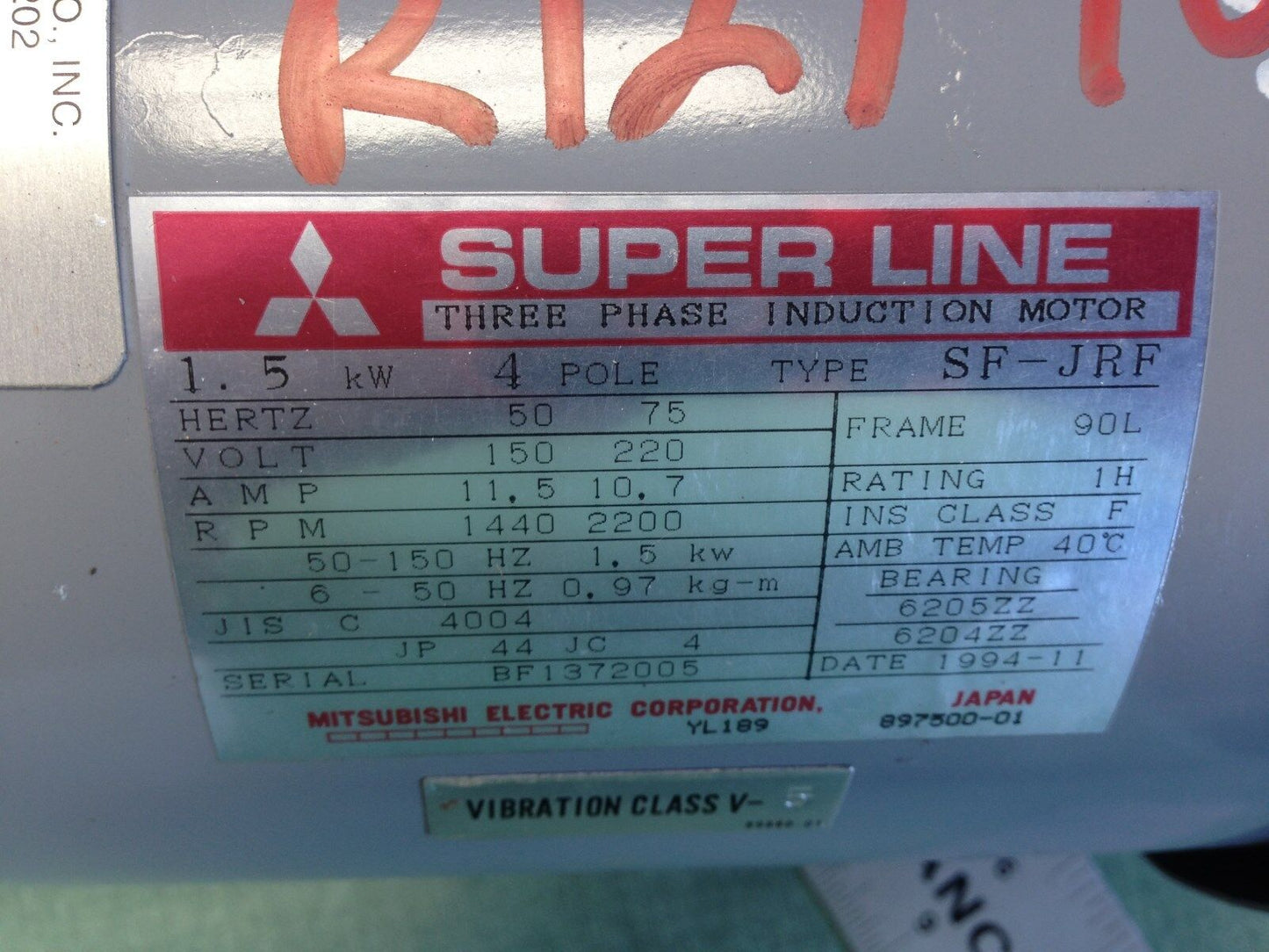 Mitsubishi Sf-Jrf Superline Three-Phase Induction Motor,1.5Kw,4-Pole,070194,Se