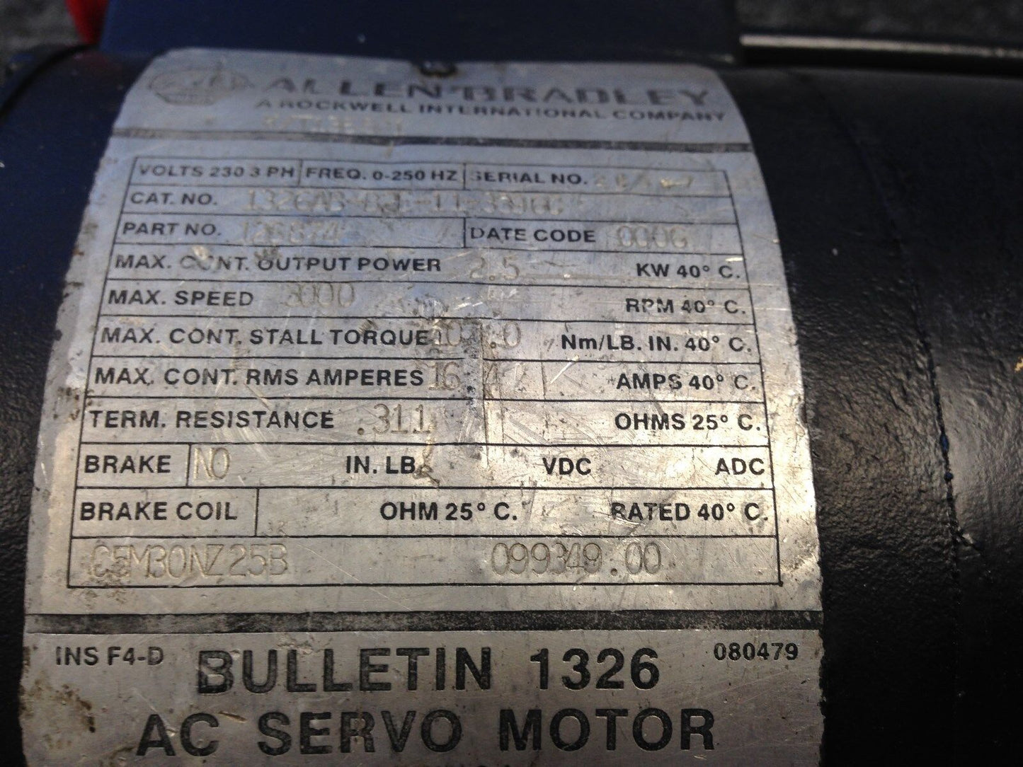 Allen Bradley 1326Ab-B2e-11-3396C,1326 Ac Servo Motor,230V,3Ph 126874 1326,Aq