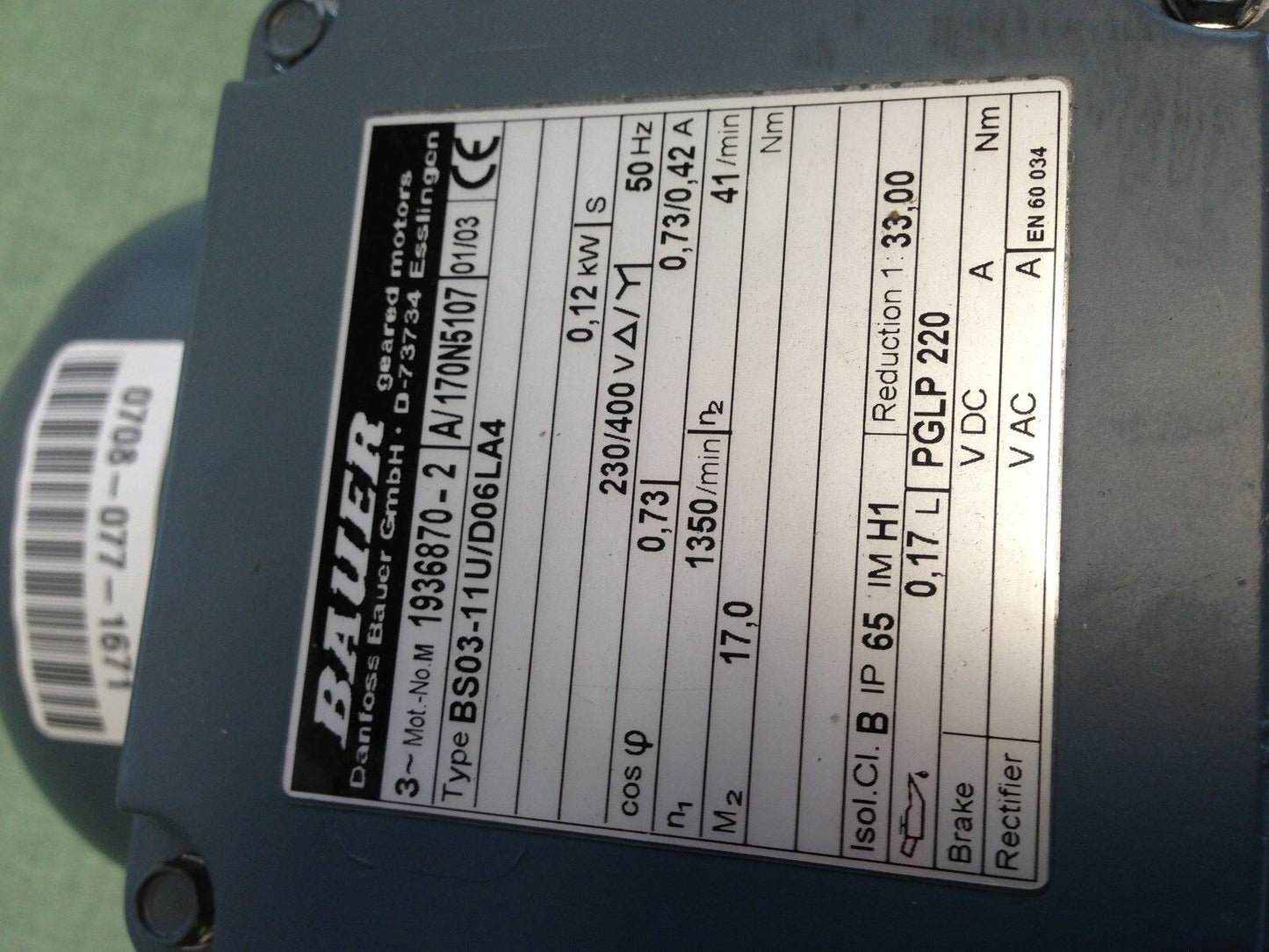 New Bauer Bs03-11U/D06la4 Electric Gear Motor 33:1 Ratio, .12 Kw 1936870-2,Ag