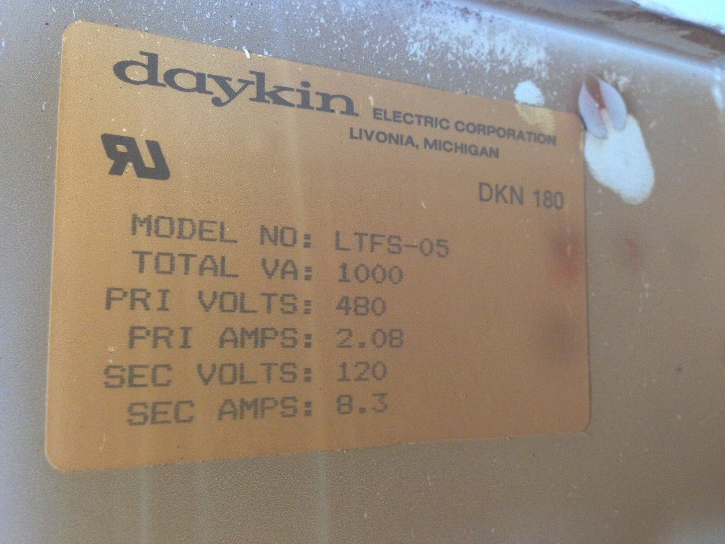 Daykin Ltfs-05 Transformer Disconnect Dkn180, 1000Va, 480V, 2.08A, 120V, 8.3A,Ar